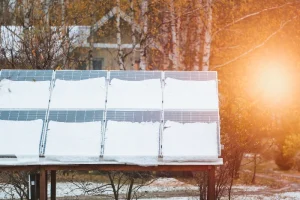 Panneaux solaires en hiver recouverts de neige