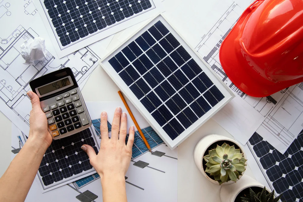 Femme calculant combien produit par jour un panneau solaire à l'aide d'une calculatrice sur un bureau