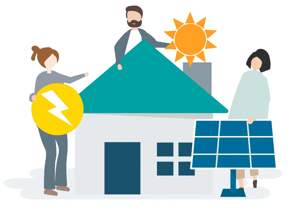 Infographie représentant une maison alimentée par l'énergie solaire pour un rendement optimal de ses panneaux photovoltaïques